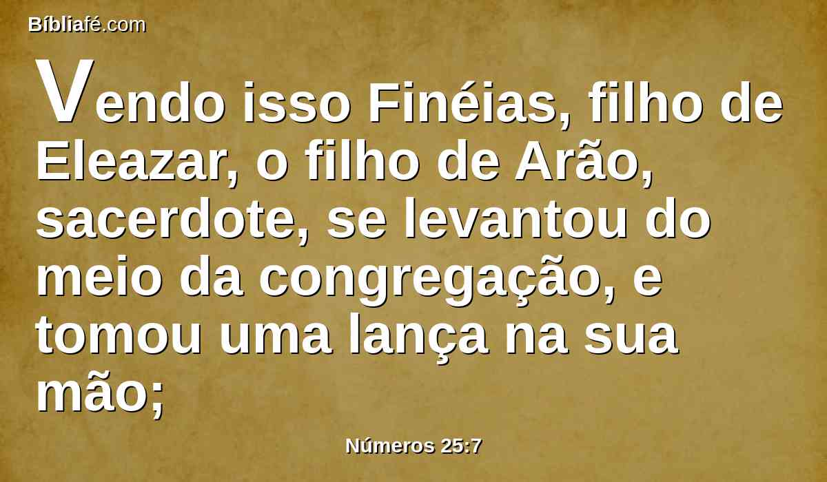 Vendo isso Finéias, filho de Eleazar, o filho de Arão, sacerdote, se levantou do meio da congregação, e tomou uma lança na sua mão;