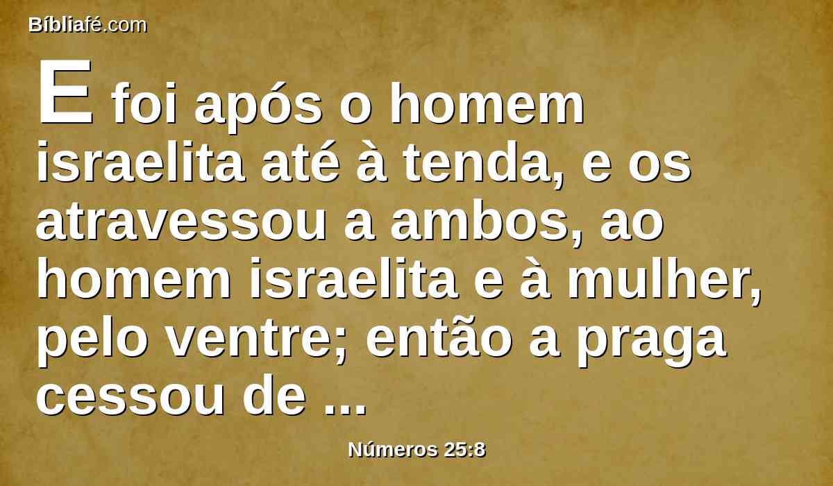 E foi após o homem israelita até à tenda, e os atravessou a ambos, ao homem israelita e à mulher, pelo ventre; então a praga cessou de sobre os filhos de Israel.