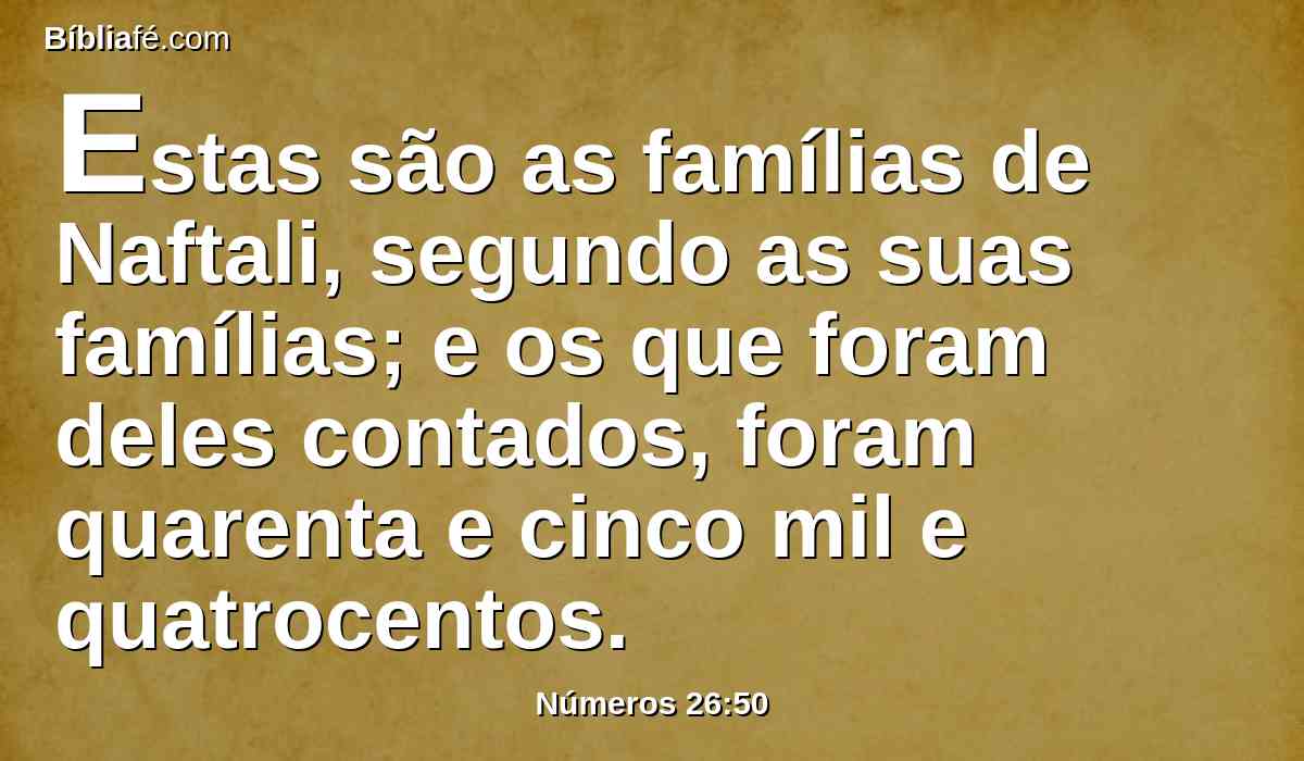 Estas são as famílias de Naftali, segundo as suas famílias; e os que foram deles contados, foram quarenta e cinco mil e quatrocentos.