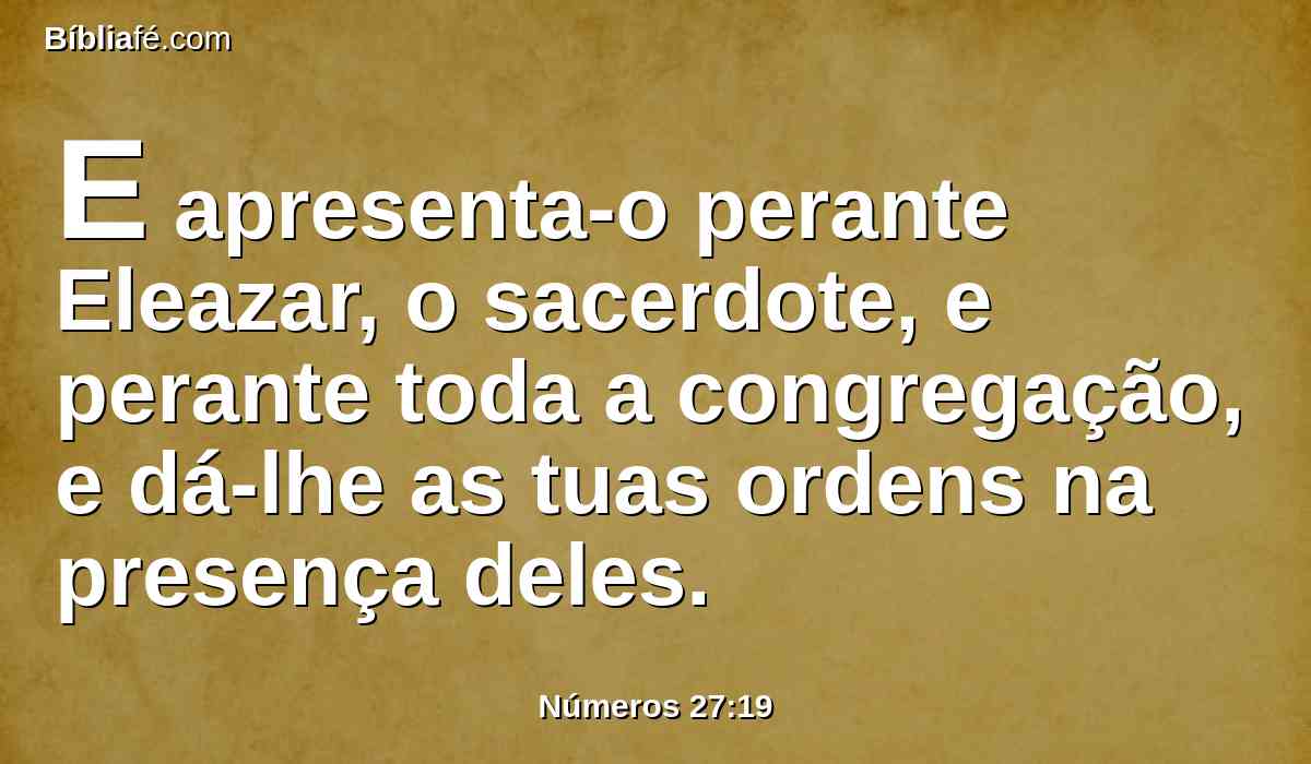 E apresenta-o perante Eleazar, o sacerdote, e perante toda a congregação, e dá-lhe as tuas ordens na presença deles.