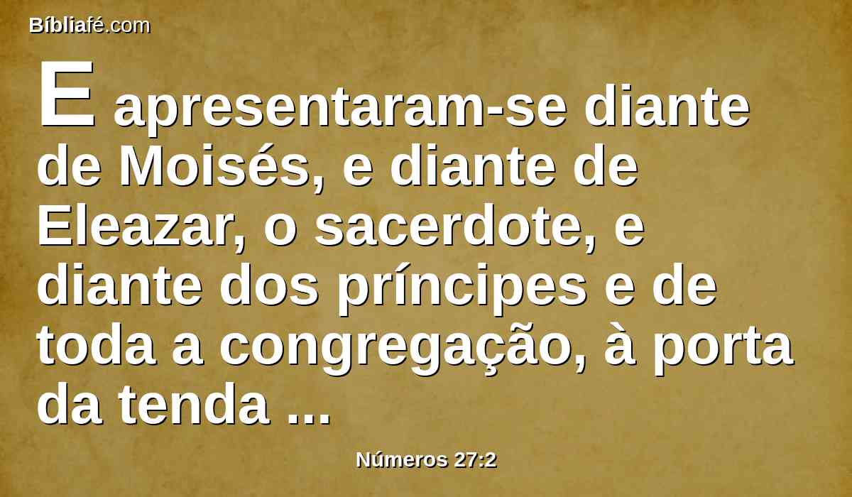 E apresentaram-se diante de Moisés, e diante de Eleazar, o sacerdote, e diante dos príncipes e de toda a congregação, à porta da tenda da congregação, dizendo: