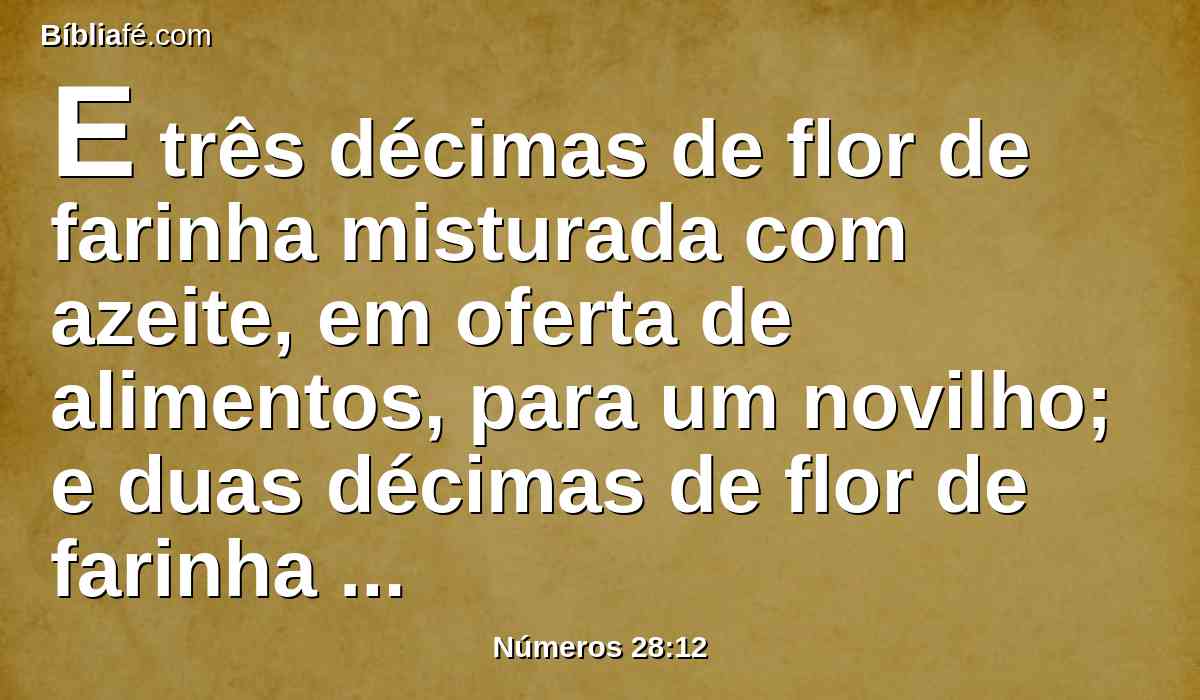 E três décimas de flor de farinha misturada com azeite, em oferta de alimentos, para um novilho; e duas décimas de flor de farinha misturada com azeite, em oferta de alimentos, para um carneiro.