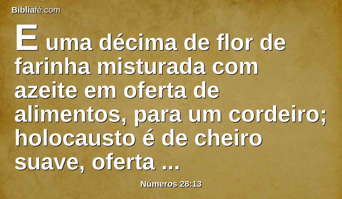 E uma décima de flor de farinha misturada com azeite em oferta de alimentos, para um cordeiro; holocausto é de cheiro suave, oferta queimada ao Senhor.