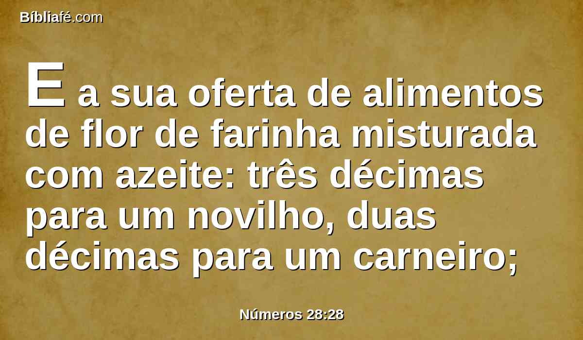 E a sua oferta de alimentos de flor de farinha misturada com azeite: três décimas para um novilho, duas décimas para um carneiro;