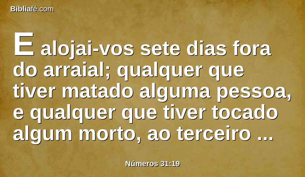 E alojai-vos sete dias fora do arraial; qualquer que tiver matado alguma pessoa, e qualquer que tiver tocado algum morto, ao terceiro dia, e ao sétimo dia vos purificareis, a vós e a vossos cativos.