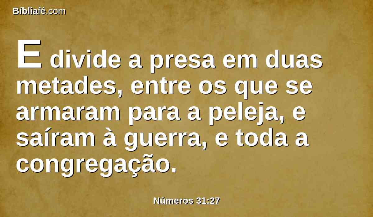 E divide a presa em duas metades, entre os que se armaram para a peleja, e saíram à guerra, e toda a congregação.