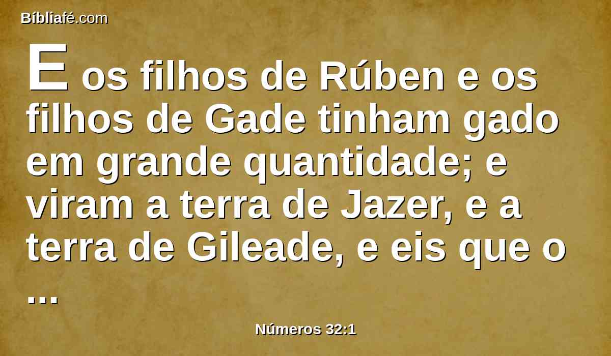 E os filhos de Rúben e os filhos de Gade tinham gado em grande quantidade; e viram a terra de Jazer, e a terra de Gileade, e eis que o lugar era lugar de gado.