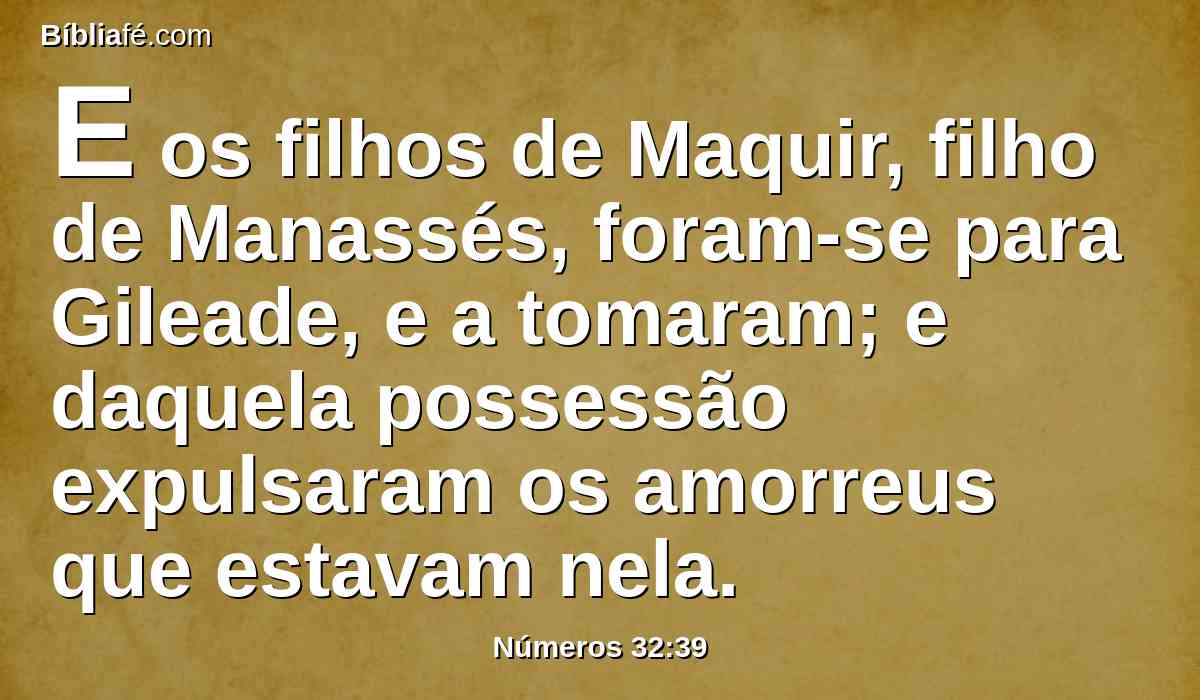 E os filhos de Maquir, filho de Manassés, foram-se para Gileade, e a tomaram; e daquela possessão expulsaram os amorreus que estavam nela.