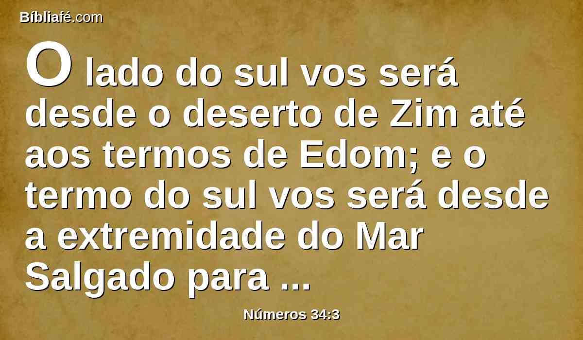 O lado do sul vos será desde o deserto de Zim até aos termos de Edom; e o termo do sul vos será desde a extremidade do Mar Salgado para o lado do oriente.