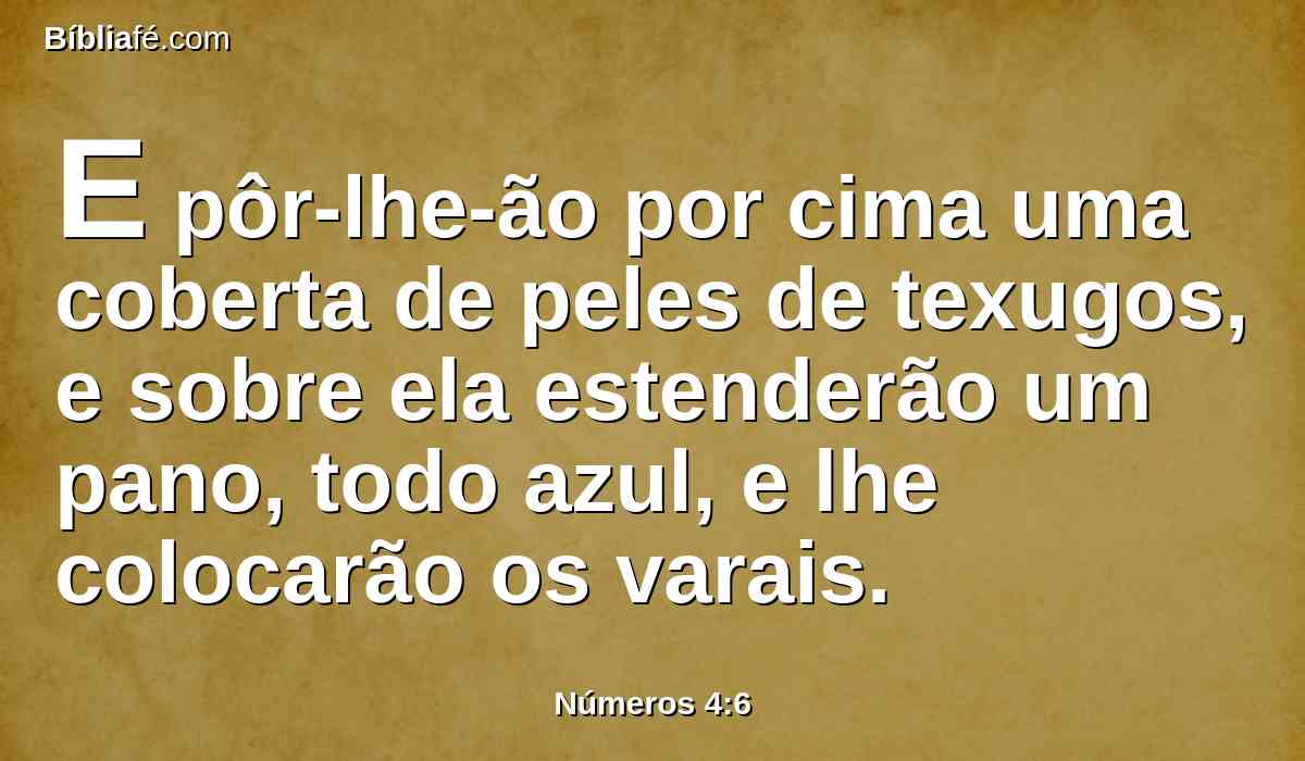 E pôr-lhe-ão por cima uma coberta de peles de texugos, e sobre ela estenderão um pano, todo azul, e lhe colocarão os varais.