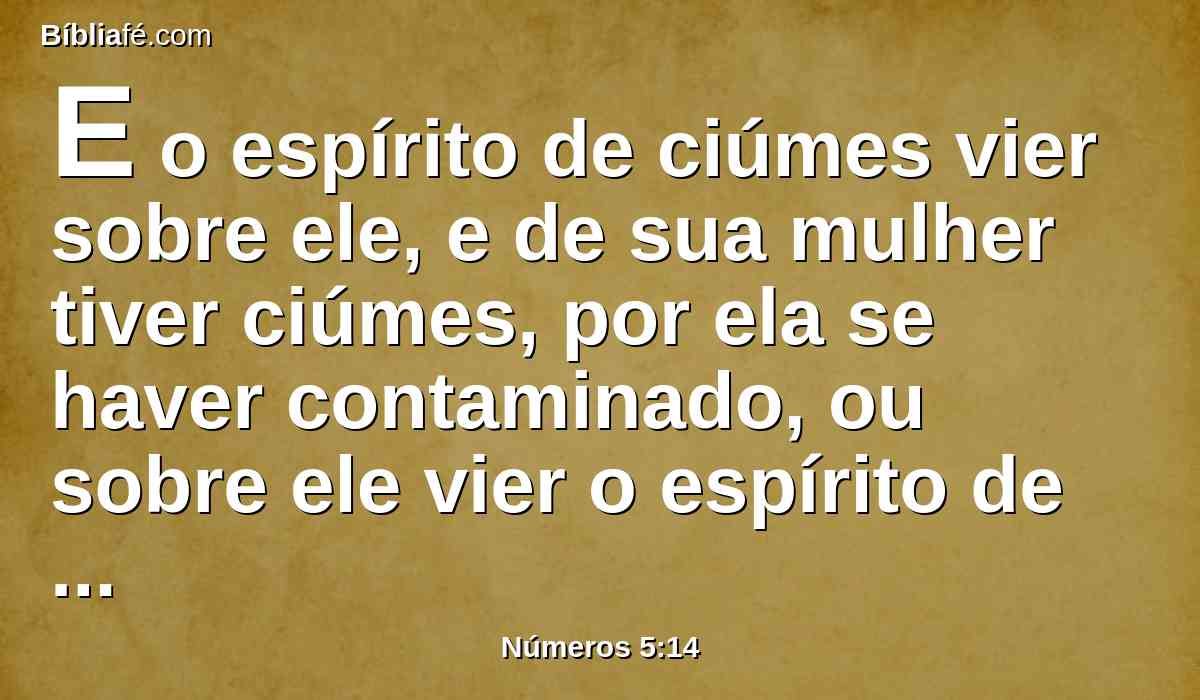 E o espírito de ciúmes vier sobre ele, e de sua mulher tiver ciúmes, por ela se haver contaminado, ou sobre ele vier o espírito de ciúmes, e de sua mulher tiver ciúmes, não se havendo ela contaminado,