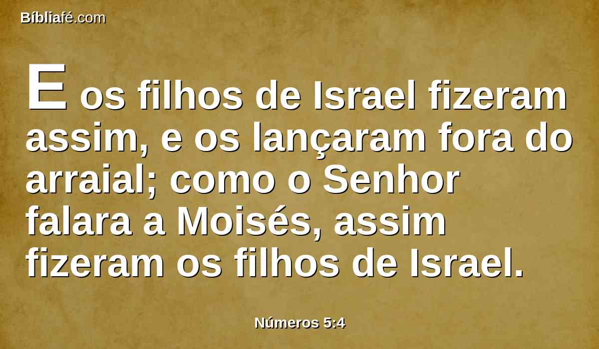 E os filhos de Israel fizeram assim, e os lançaram fora do arraial; como o Senhor falara a Moisés, assim fizeram os filhos de Israel.