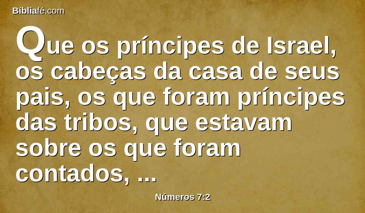 Que os príncipes de Israel, os cabeças da casa de seus pais, os que foram príncipes das tribos, que estavam sobre os que foram contados, ofereceram,