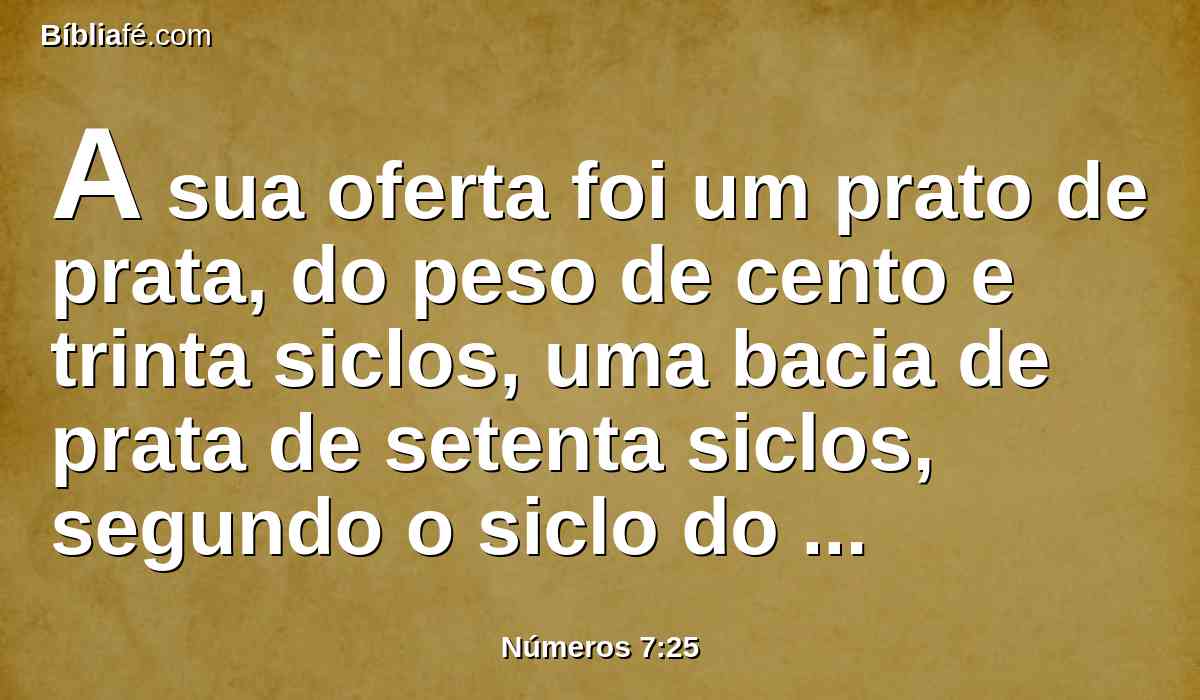 A sua oferta foi um prato de prata, do peso de cento e trinta siclos, uma bacia de prata de setenta siclos, segundo o siclo do santuário; ambos cheios de flor de farinha amassada com azeite, para oferta de alimentos;