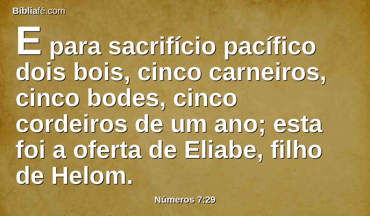 E para sacrifício pacífico dois bois, cinco carneiros, cinco bodes, cinco cordeiros de um ano; esta foi a oferta de Eliabe, filho de Helom.