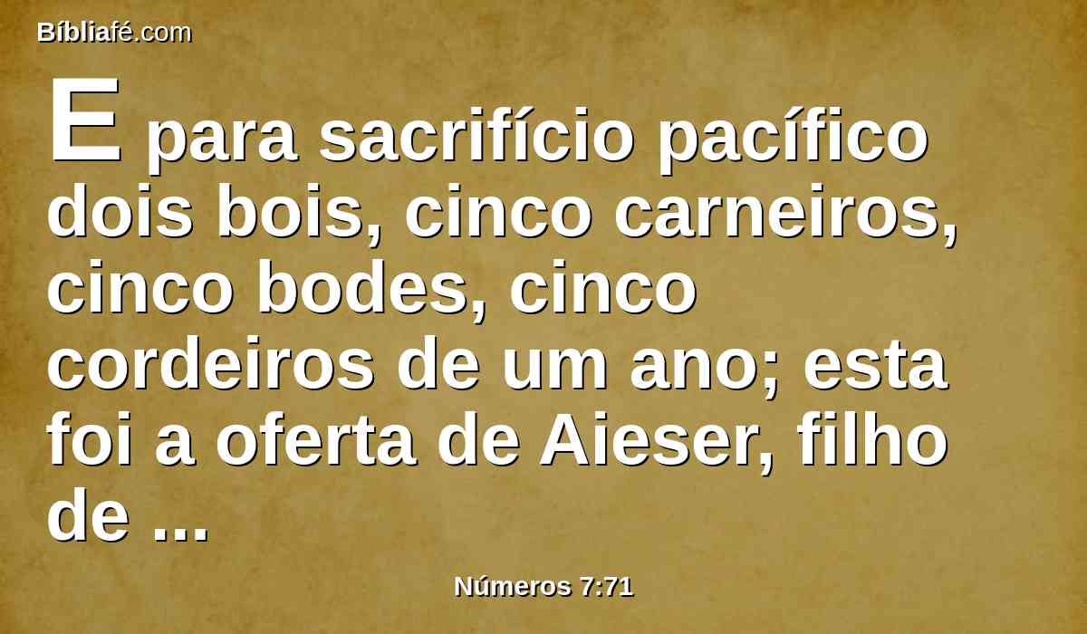 E para sacrifício pacífico dois bois, cinco carneiros, cinco bodes, cinco cordeiros de um ano; esta foi a oferta de Aieser, filho de Amisadai.