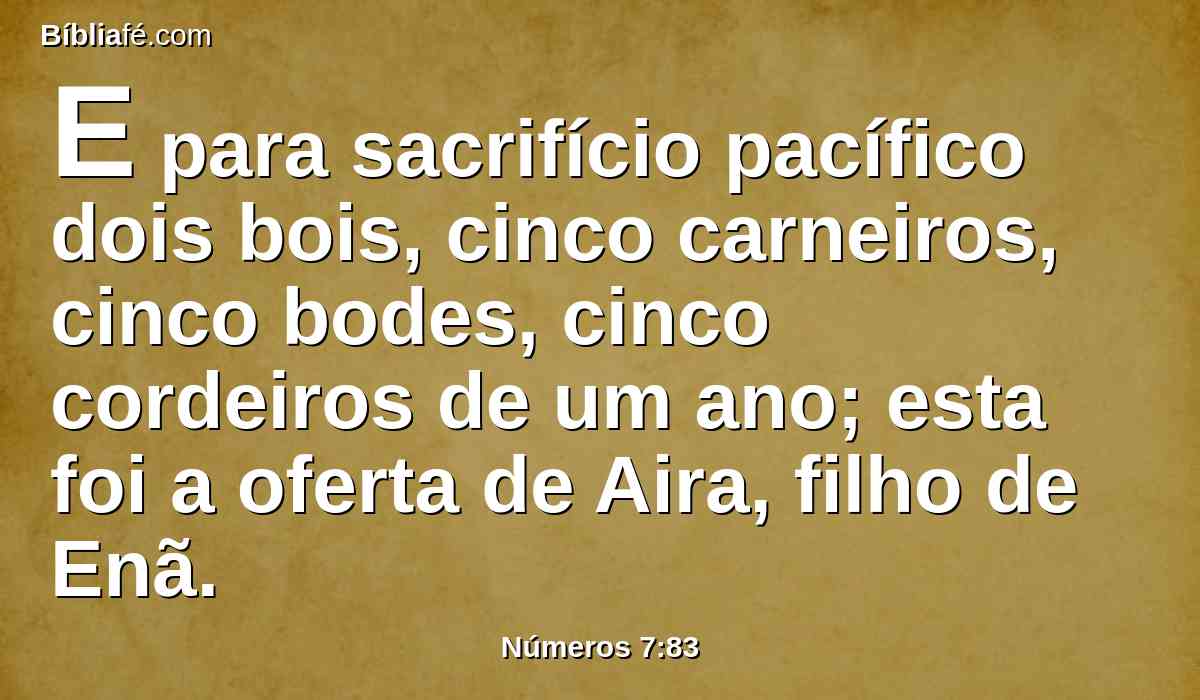 E para sacrifício pacífico dois bois, cinco carneiros, cinco bodes, cinco cordeiros de um ano; esta foi a oferta de Aira, filho de Enã.