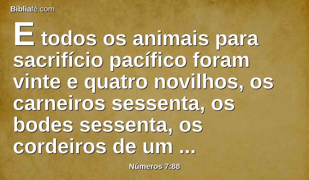 E todos os animais para sacrifício pacífico foram vinte e quatro novilhos, os carneiros sessenta, os bodes sessenta, os cordeiros de um ano sessenta; esta foi a consagração do altar, depois que foi ungido.