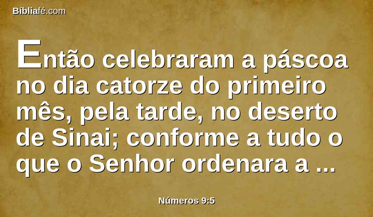 Então celebraram a páscoa no dia catorze do primeiro mês, pela tarde, no deserto de Sinai; conforme a tudo o que o Senhor ordenara a Moisés, assim fizeram os filhos de Israel.