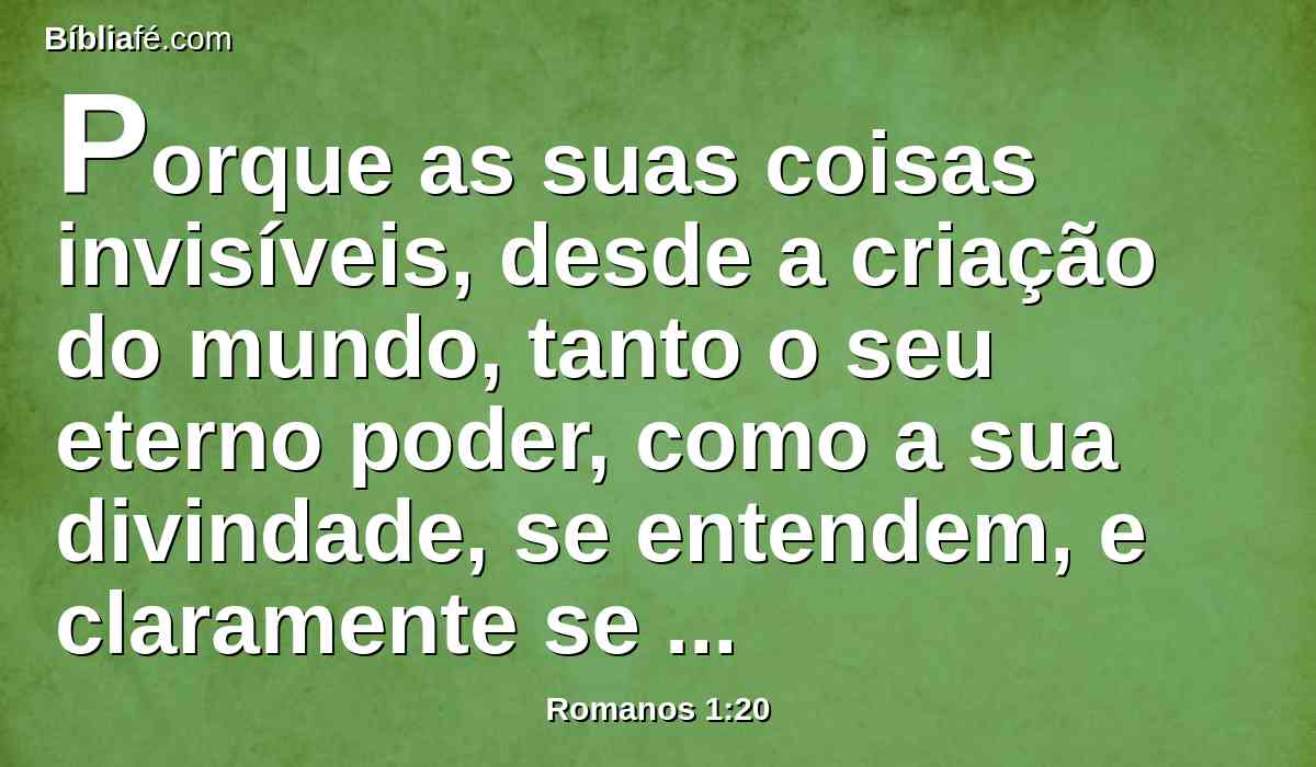 Porque as suas coisas invisíveis, desde a criação do mundo, tanto o seu eterno poder, como a sua divindade, se entendem, e claramente se vêem pelas coisas que estão criadas, para que eles fiquem inescusáveis;