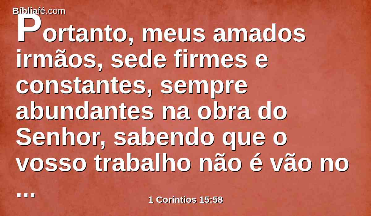 Portanto, meus amados irmãos, sede firmes e constantes, sempre abundantes na obra do Senhor, sabendo que o vosso trabalho não é vão no Senhor.