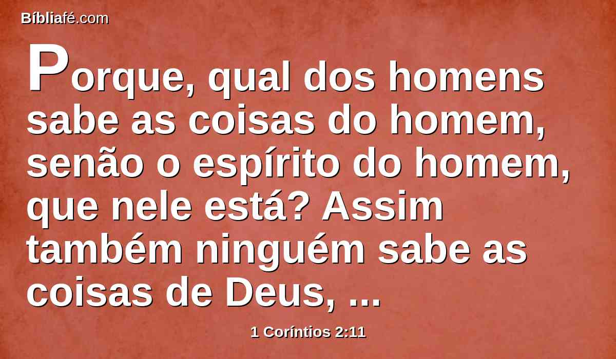 Porque, qual dos homens sabe as coisas do homem, senão o espírito do homem, que nele está? Assim também ninguém sabe as coisas de Deus, senão o Espírito de Deus.