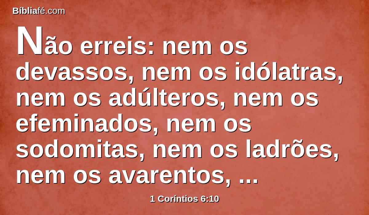 Não erreis: nem os devassos, nem os idólatras, nem os adúlteros, nem os efeminados, nem os sodomitas, nem os ladrões, nem os avarentos, nem os bêbados, nem os maldizentes, nem os roubadores herdarão o reino de Deus.