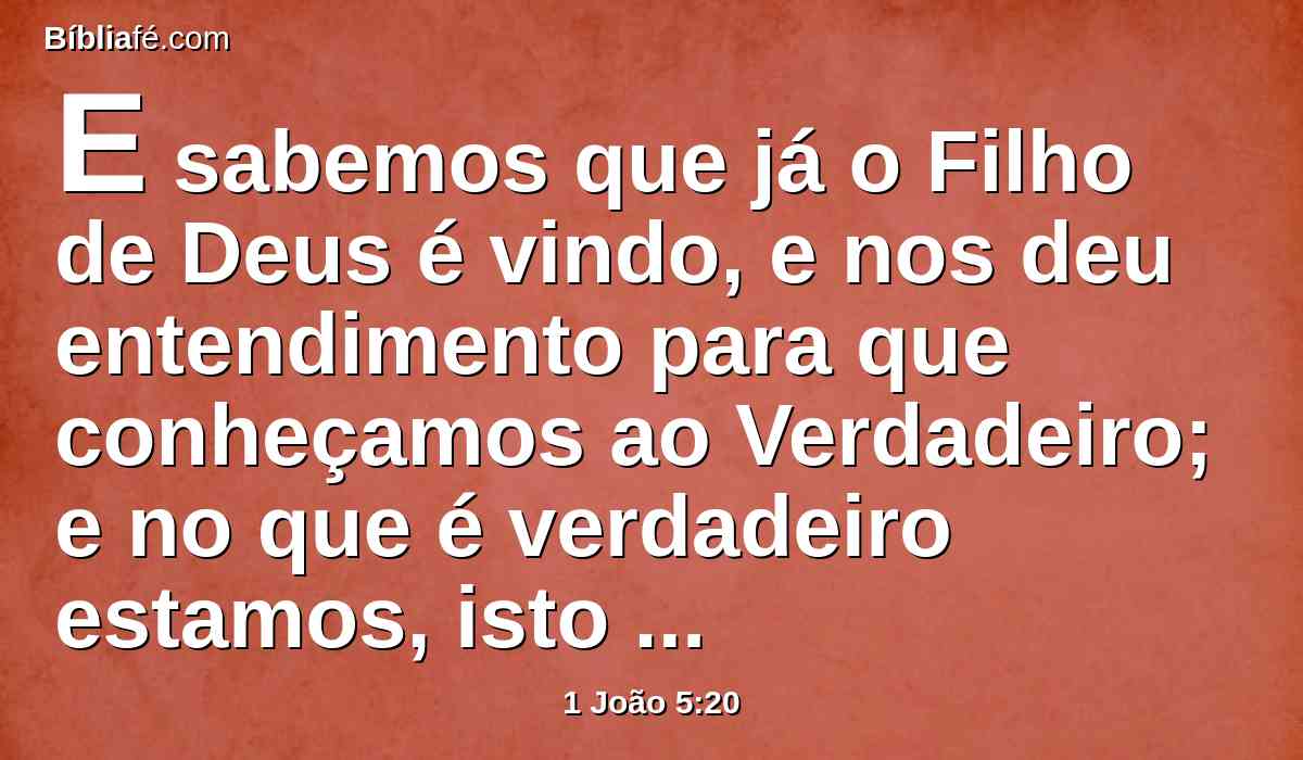 E sabemos que já o Filho de Deus é vindo, e nos deu entendimento para que conheçamos ao Verdadeiro; e no que é verdadeiro estamos, isto é, em seu Filho Jesus Cristo. Este é o verdadeiro Deus e a vida eterna.