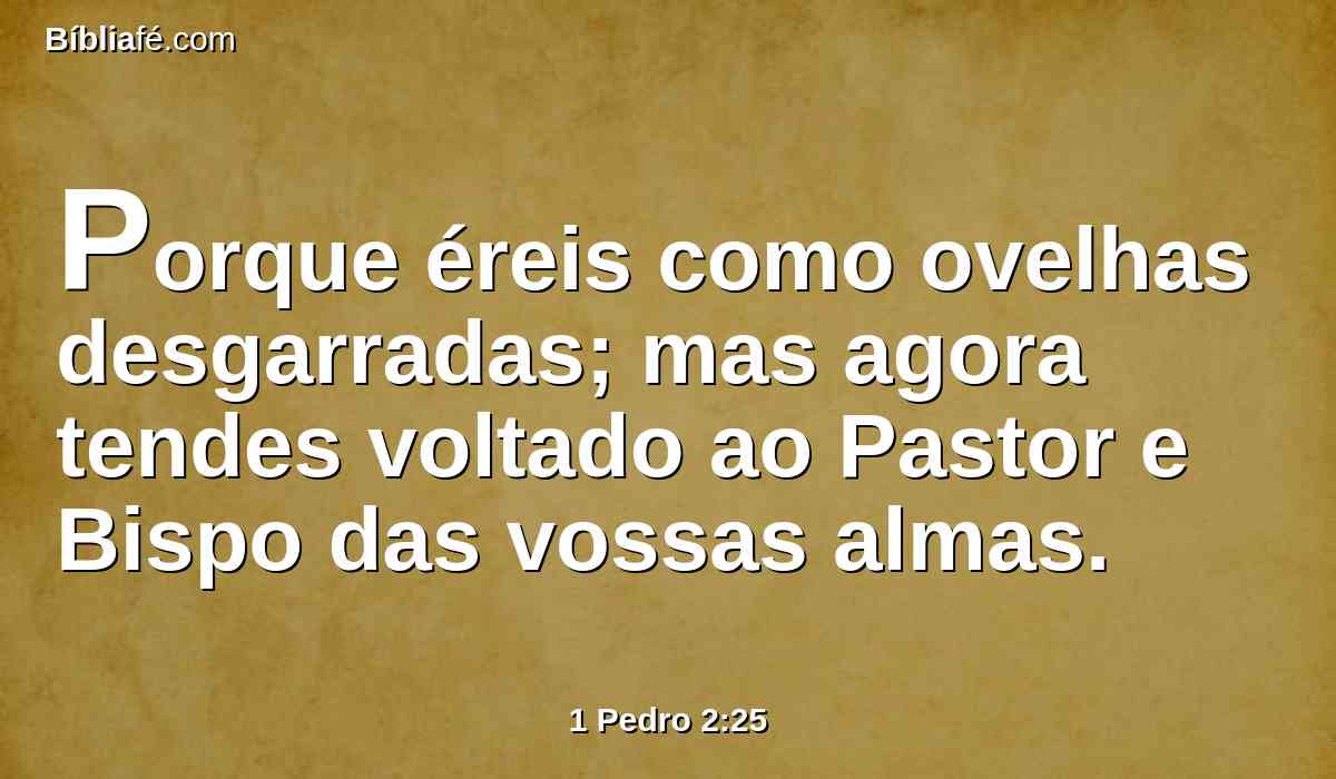Porque éreis como ovelhas desgarradas; mas agora tendes voltado ao Pastor e Bispo das vossas almas.