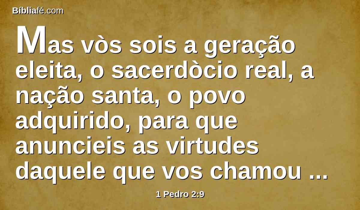 Mas vòs sois a geração eleita, o sacerdòcio real, a nação santa, o povo adquirido, para que anuncieis as virtudes daquele que vos chamou das trevas para a sua maravilhosa luz;