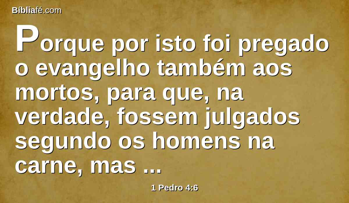 Porque por isto foi pregado o evangelho também aos mortos, para que, na verdade, fossem julgados segundo os homens na carne, mas vivessem segundo Deus em espírito;