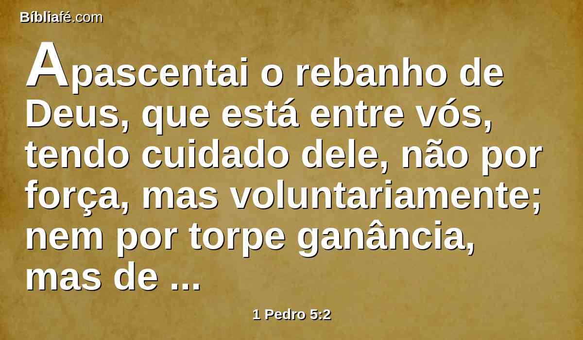 Apascentai o rebanho de Deus, que está entre vós, tendo cuidado dele, não por força, mas voluntariamente; nem por torpe ganância, mas de ânimo pronto;
