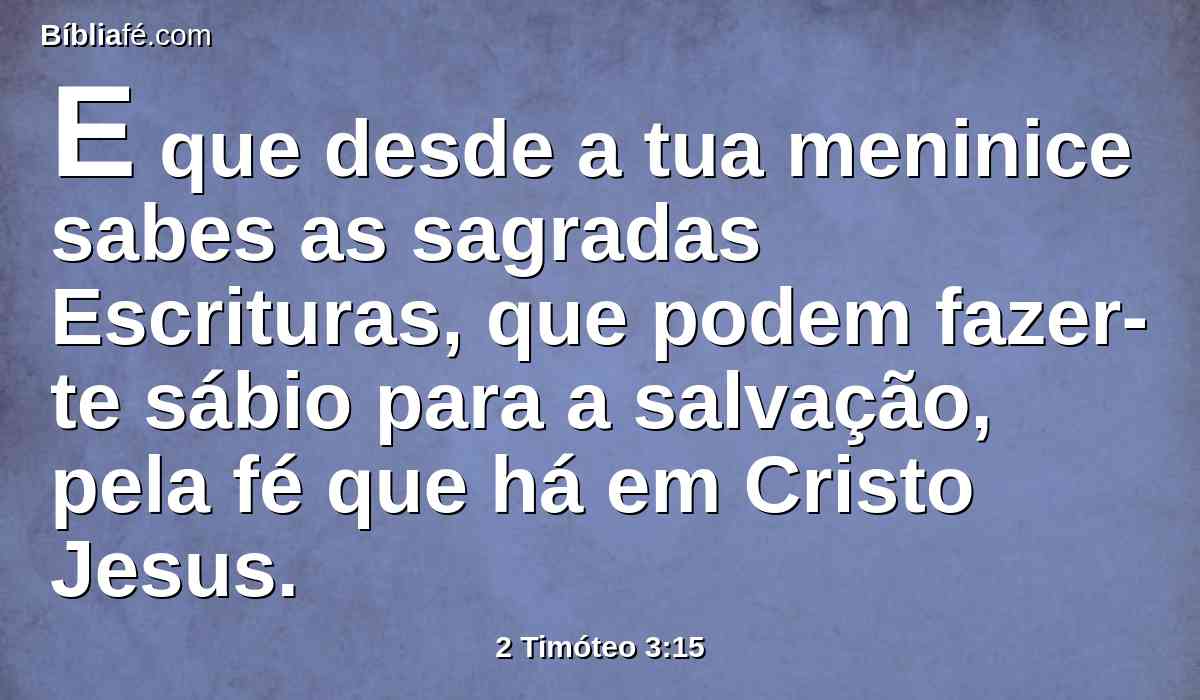 E que desde a tua meninice sabes as sagradas Escrituras, que podem fazer-te sábio para a salvação, pela fé que há em Cristo Jesus.