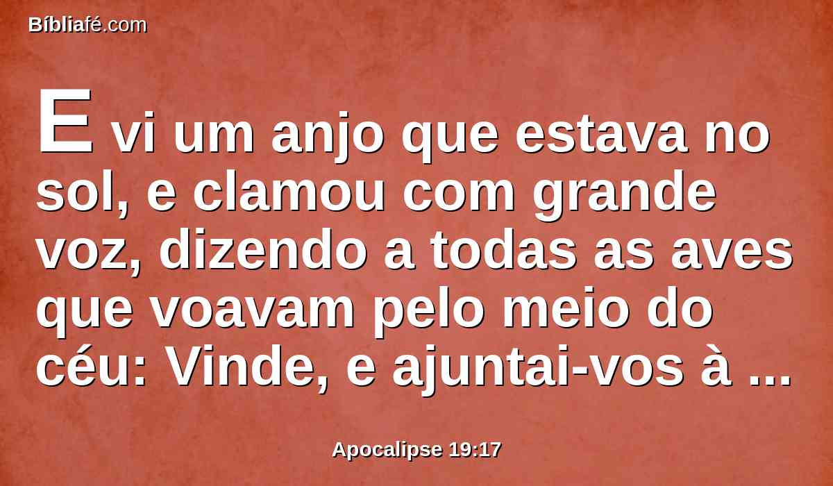 E vi um anjo que estava no sol, e clamou com grande voz, dizendo a todas as aves que voavam pelo meio do céu: Vinde, e ajuntai-vos à ceia do grande Deus;