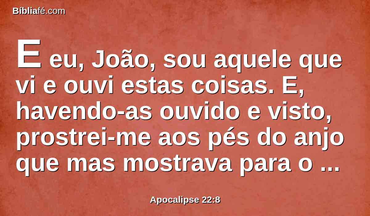 E eu, João, sou aquele que vi e ouvi estas coisas. E, havendo-as ouvido e visto, prostrei-me aos pés do anjo que mas mostrava para o adorar.