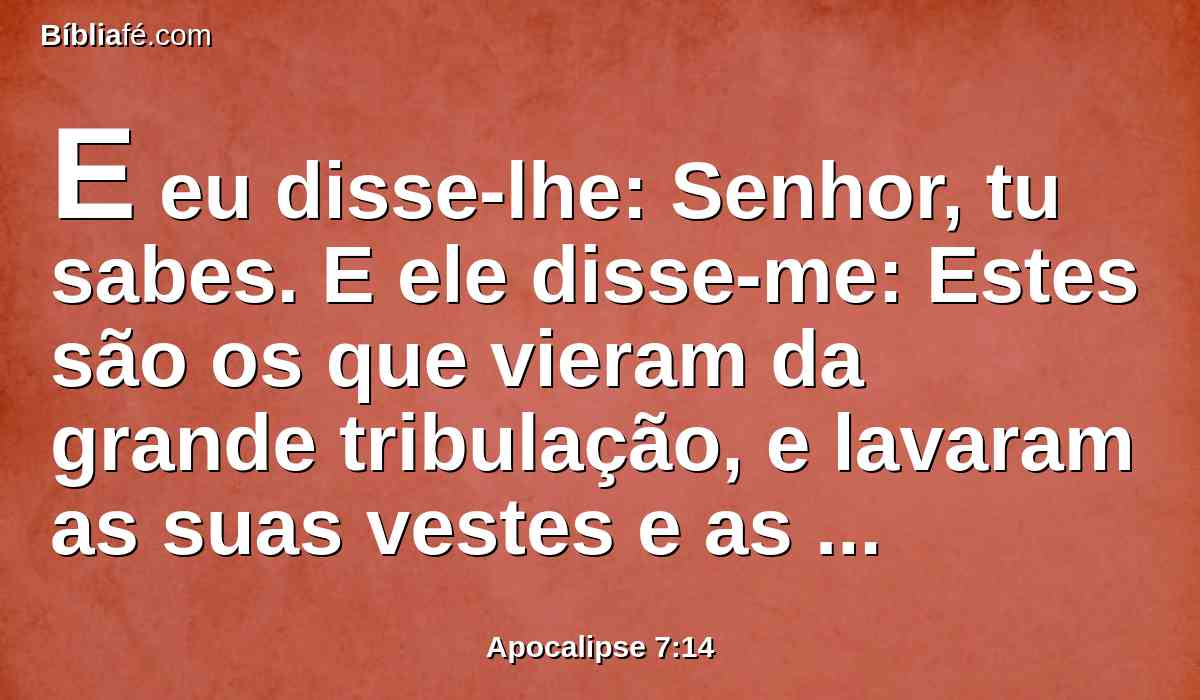 E eu disse-lhe: Senhor, tu sabes. E ele disse-me: Estes são os que vieram da grande tribulação, e lavaram as suas vestes e as branquearam no sangue do Cordeiro.