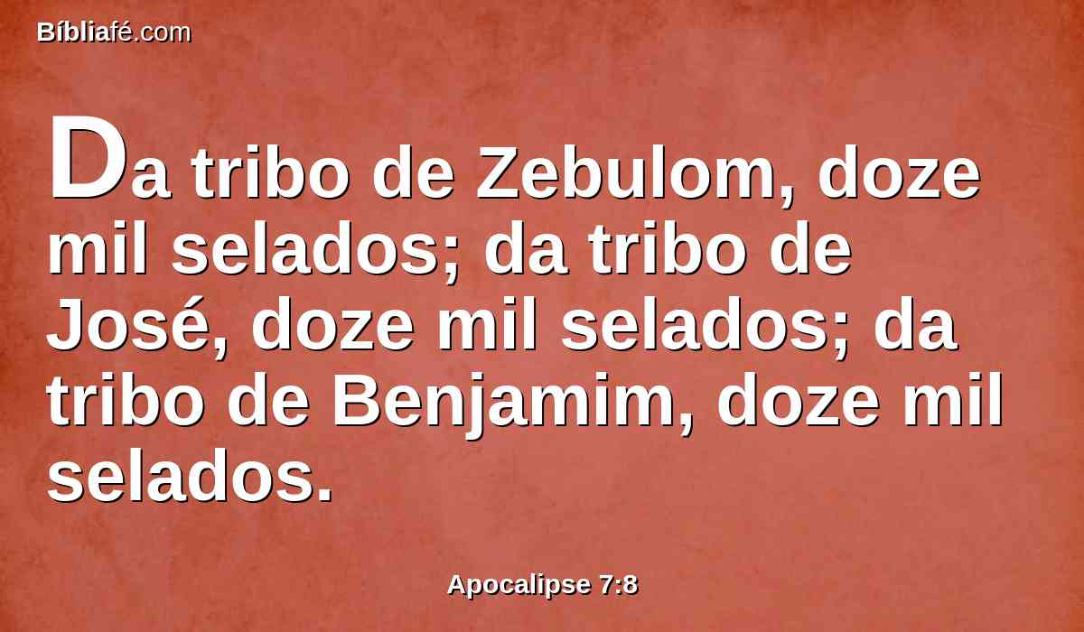 Da tribo de Zebulom, doze mil selados; da tribo de José, doze mil selados; da tribo de Benjamim, doze mil selados.