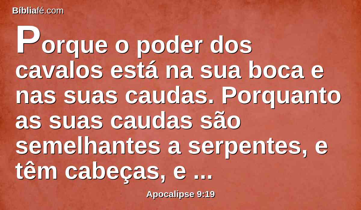 Porque o poder dos cavalos está na sua boca e nas suas caudas. Porquanto as suas caudas são semelhantes a serpentes, e têm cabeças, e com elas danificam.