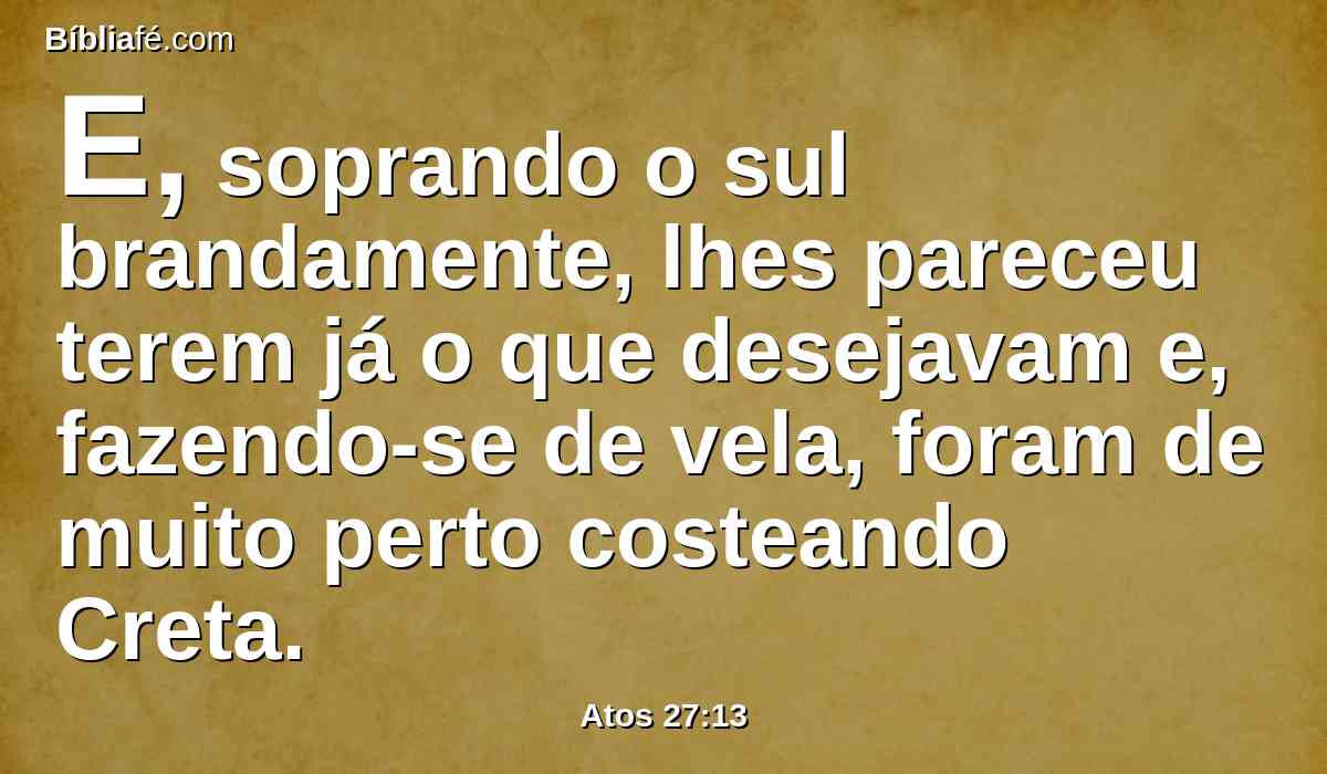 E, soprando o sul brandamente, lhes pareceu terem já o que desejavam e, fazendo-se de vela, foram de muito perto costeando Creta.