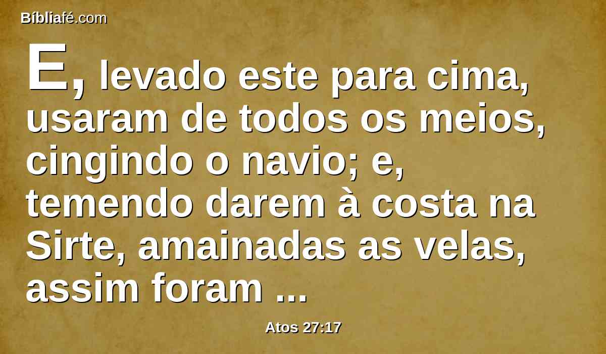 E, levado este para cima, usaram de todos os meios, cingindo o navio; e, temendo darem à costa na Sirte, amainadas as velas, assim foram à toa.