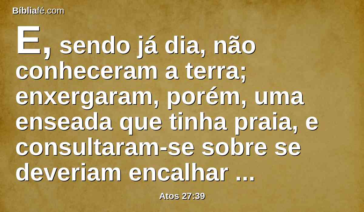 E, sendo já dia, não conheceram a terra; enxergaram, porém, uma enseada que tinha praia, e consultaram-se sobre se deveriam encalhar nela o navio.