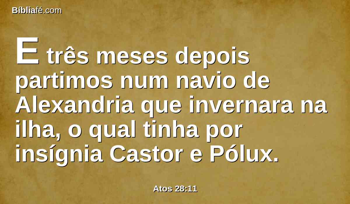 E três meses depois partimos num navio de Alexandria que invernara na ilha, o qual tinha por insígnia Castor e Pólux.