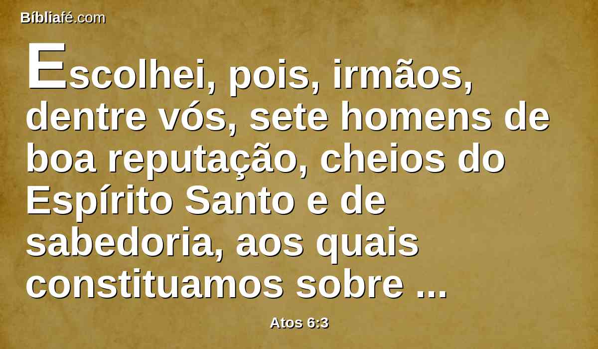 Escolhei, pois, irmãos, dentre vós, sete homens de boa reputação, cheios do Espírito Santo e de sabedoria, aos quais constituamos sobre este importante negócio.