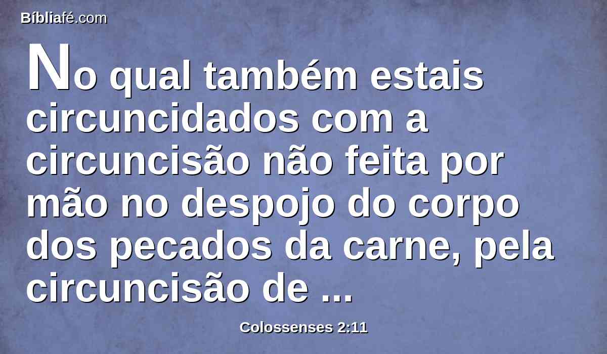 No qual também estais circuncidados com a circuncisão não feita por mão no despojo do corpo dos pecados da carne, pela circuncisão de Cristo;