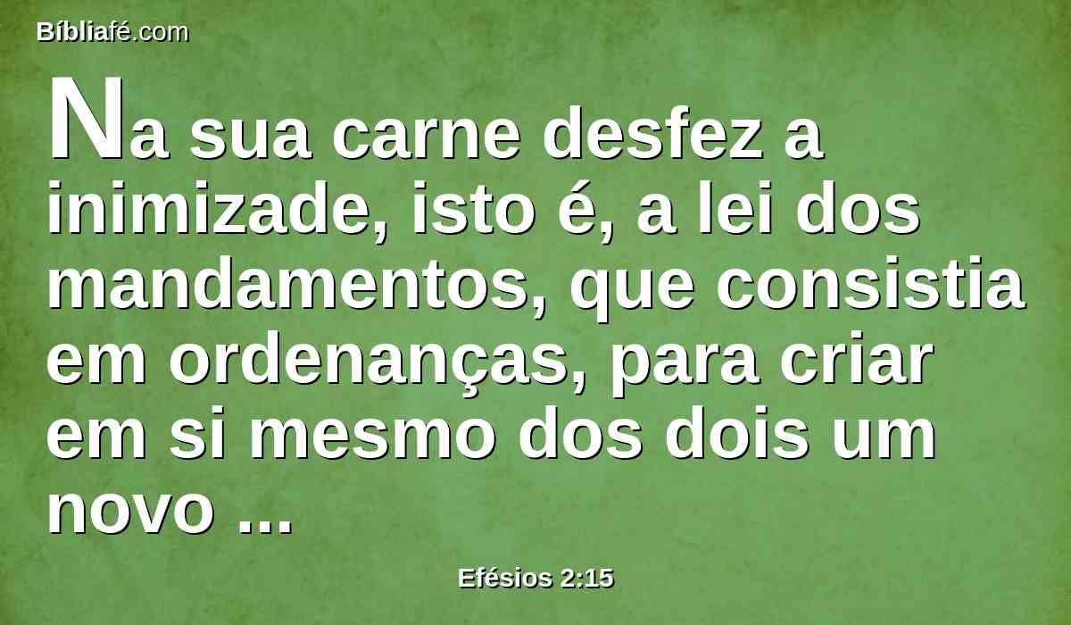 Na sua carne desfez a inimizade, isto é, a lei dos mandamentos, que consistia em ordenanças, para criar em si mesmo dos dois um novo homem, fazendo a paz,