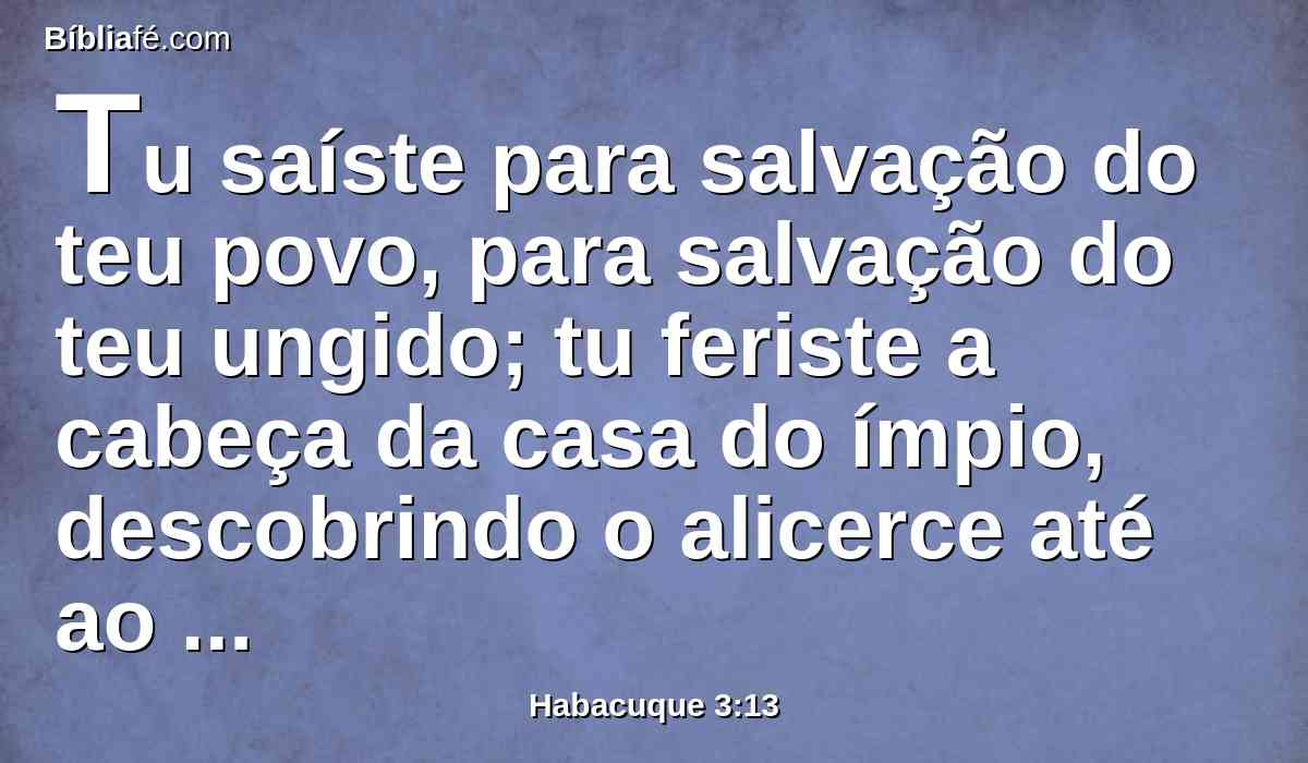 Tu saíste para salvação do teu povo, para salvação do teu ungido; tu feriste a cabeça da casa do ímpio, descobrindo o alicerce até ao pescoço. (Selá.)