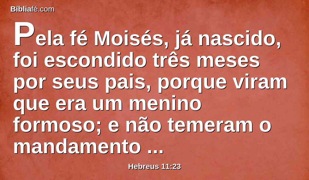 Pela fé Moisés, já nascido, foi escondido três meses por seus pais, porque viram que era um menino formoso; e não temeram o mandamento do rei.