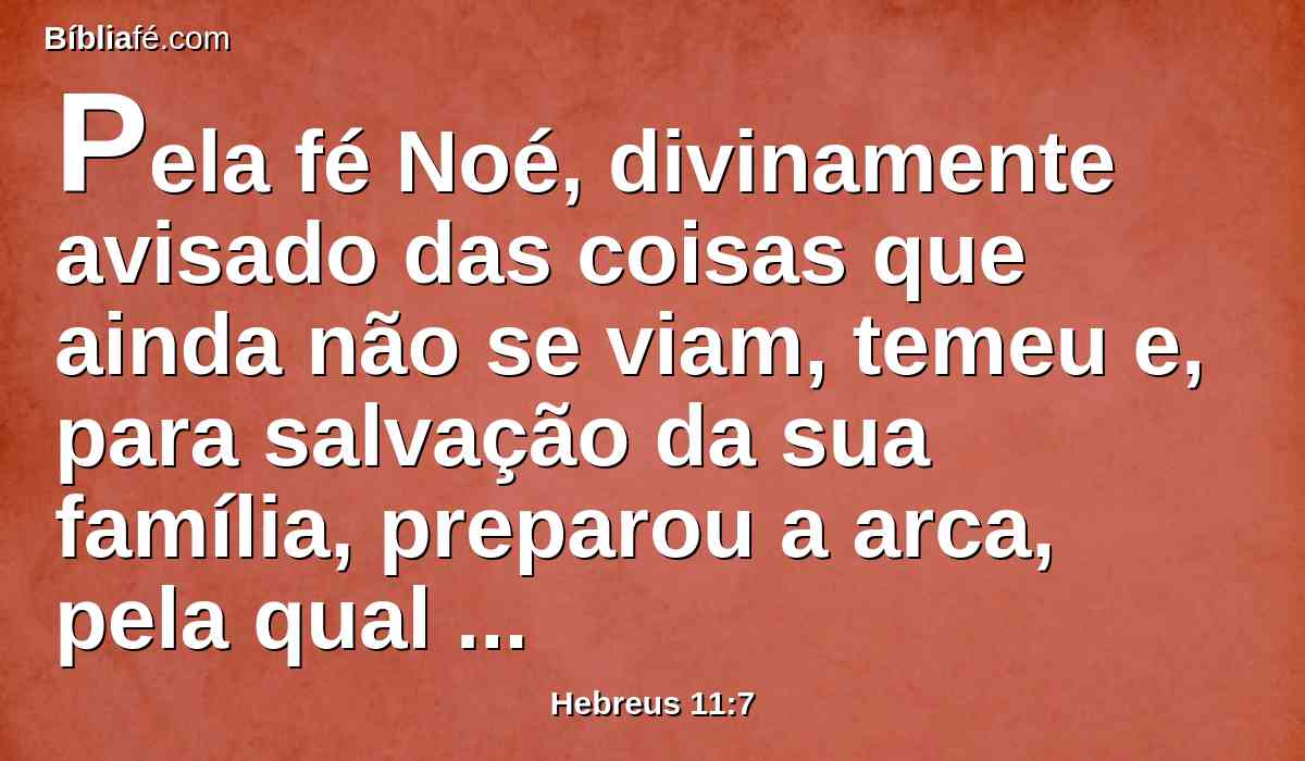 Pela fé Noé, divinamente avisado das coisas que ainda não se viam, temeu e, para salvação da sua família, preparou a arca, pela qual condenou o mundo, e foi feito herdeiro da justiça que é segundo a fé.