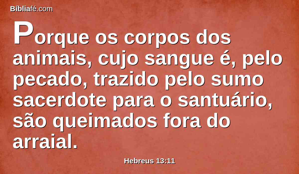 Porque os corpos dos animais, cujo sangue é, pelo pecado, trazido pelo sumo sacerdote para o santuário, são queimados fora do arraial.