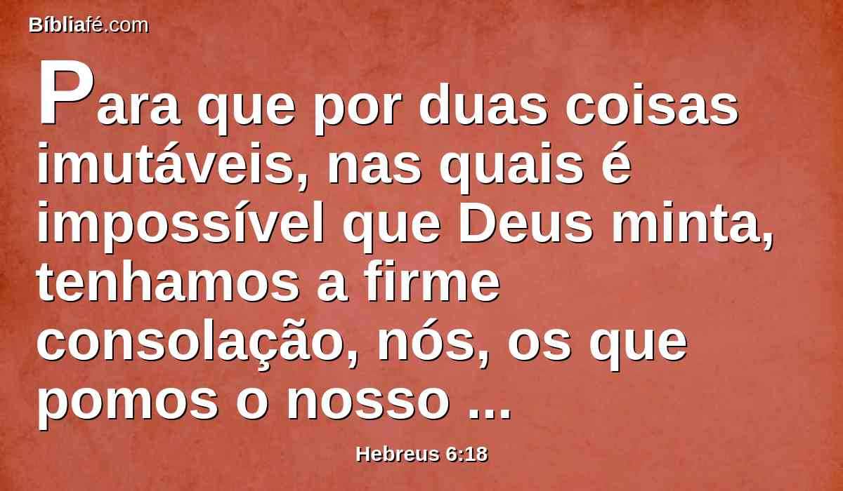 Para que por duas coisas imutáveis, nas quais é impossível que Deus minta, tenhamos a firme consolação, nós, os que pomos o nosso refúgio em reter a esperança proposta;